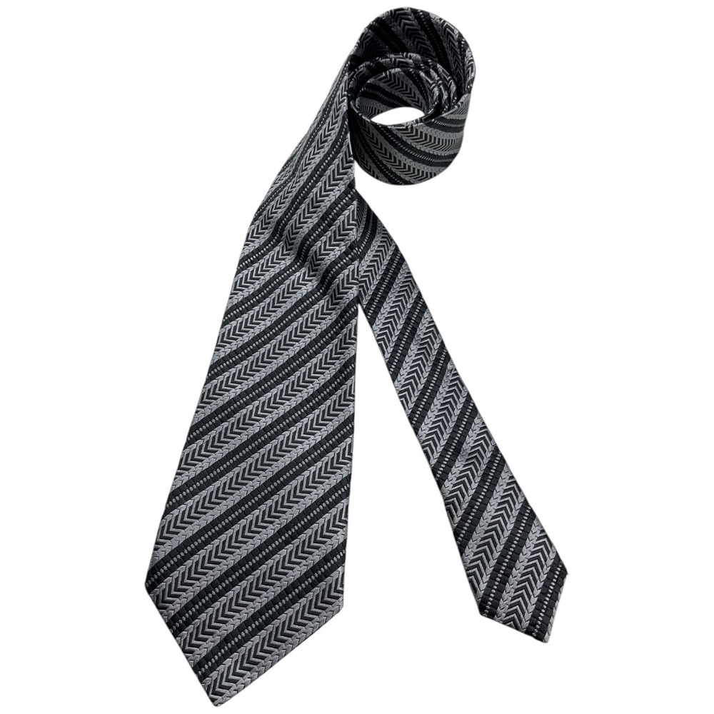 ERVÉ JACQUES Black/Silver Striped Geometric Silk LUXURY Tie ITALY